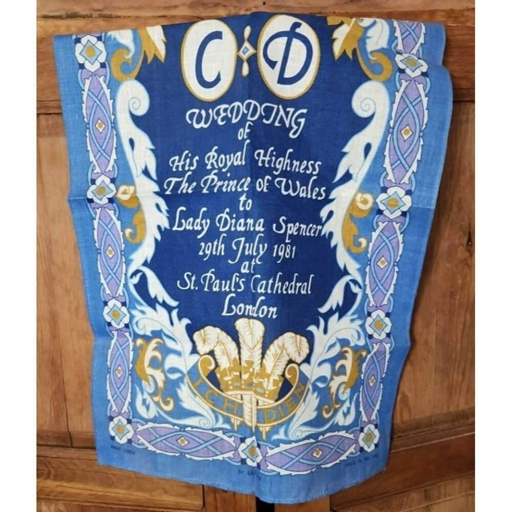 Vtg Royal Wedding Irish Tea Towel Linen Charles And Diana 1981 Blue Gold White